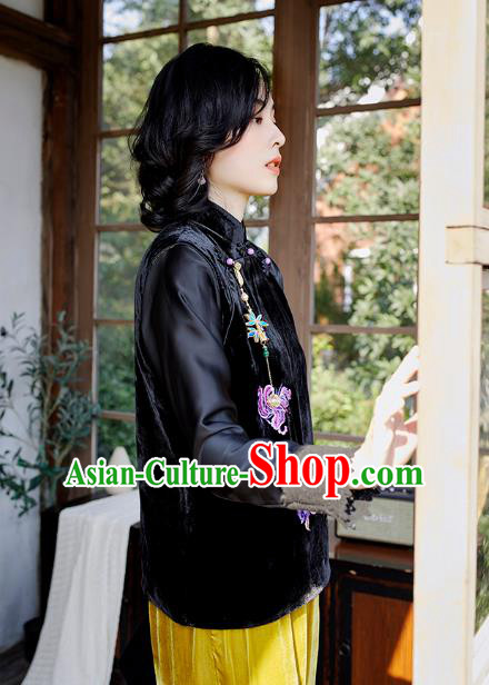 Traditional China Embroidered Peony Black Velvet Waistcoat National Female Clothing Classical Cheongsam Vest Traditional China Embroidered Peony Black Velvet Waistcoat National Female Clothing Classical Cheongsam Vest