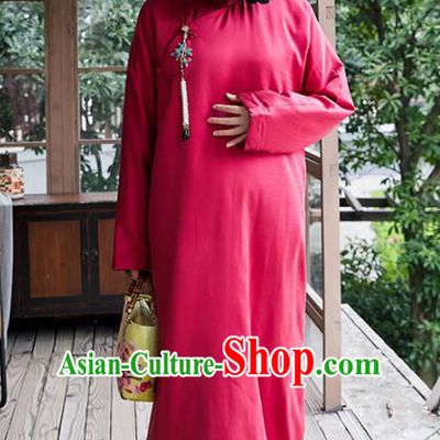 China Classical Cheongsam Traditional National Female Clothing Magenta Cotton Wadded Qipao Dress