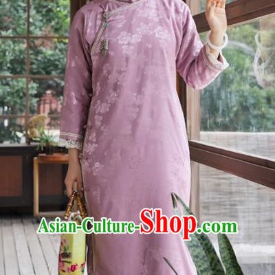 China Classical Lilac Silk Lace Cheongsam Traditional National Female Clothing Women Qipao Dress