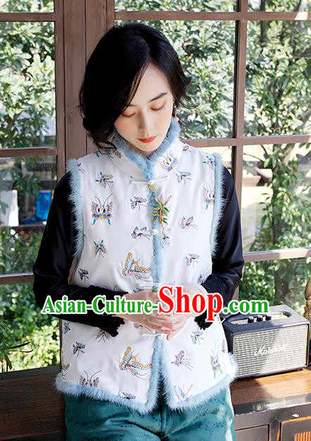 Traditional China Embroidered Butterfly Waistcoat National Female Clothing Classical Cheongsam White Cotton Padded Vest Traditional China Embroidered Butterfly Waistcoat National Female Clothing Classical Cheongsam White Cotton Padded Vest