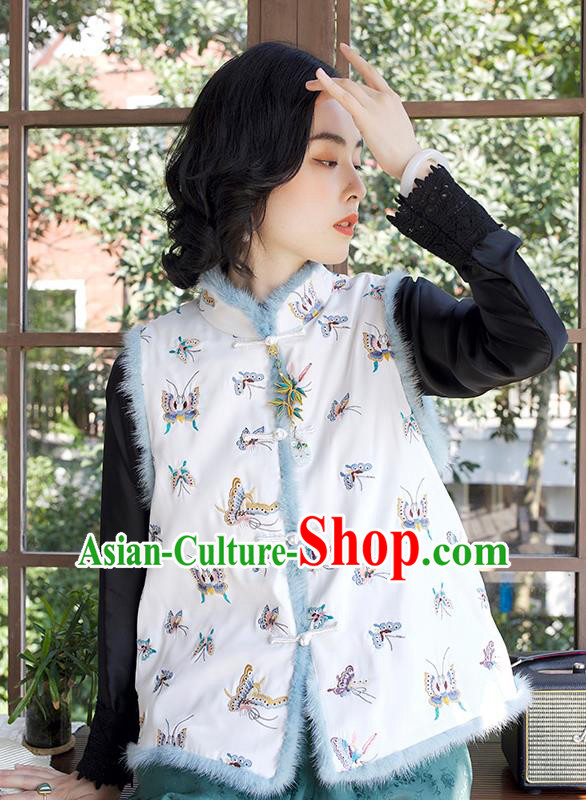 Traditional China Embroidered Butterfly Waistcoat National Female Clothing Classical Cheongsam White Cotton Padded Vest Traditional China Embroidered Butterfly Waistcoat National Female Clothing Classical Cheongsam White Cotton Padded Vest