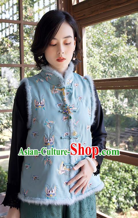 Traditional National Female Clothing China Classical Cheongsam Green Cotton Padded Vest Embroidered Butterfly Waistcoat