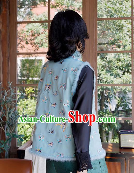 Traditional National Female Clothing China Classical Cheongsam Green Cotton Padded Vest Embroidered Butterfly Waistcoat