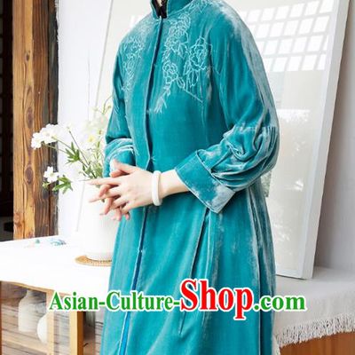Chinese Traditional Clothing Women Blue Velvet Coat Outer Garment