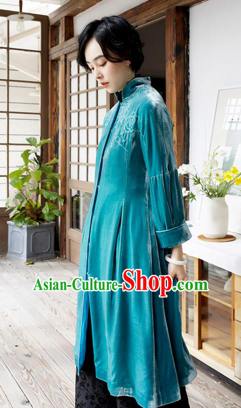 Chinese Traditional Clothing Women Blue Velvet Coat Outer Garment Chinese Traditional Clothing Women Blue Velvet Coat Outer Garment