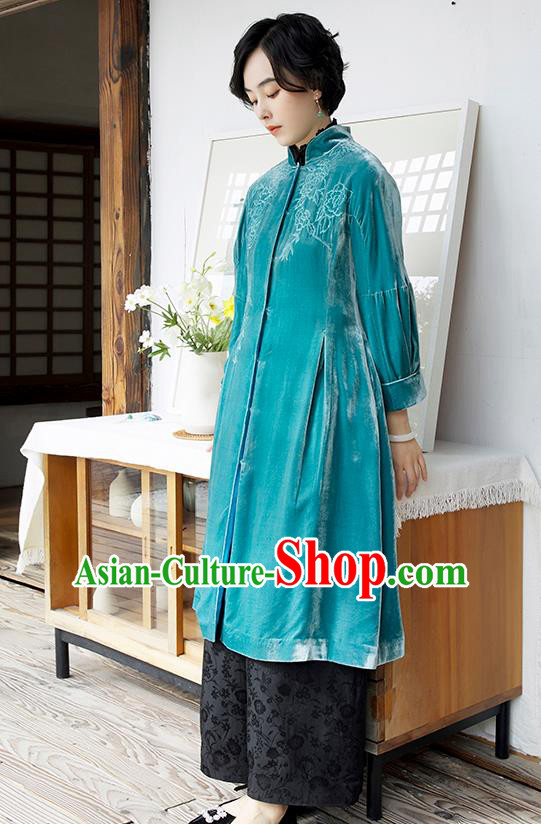 Chinese Traditional Clothing Women Blue Velvet Coat Outer Garment Chinese Traditional Clothing Women Blue Velvet Coat Outer Garment
