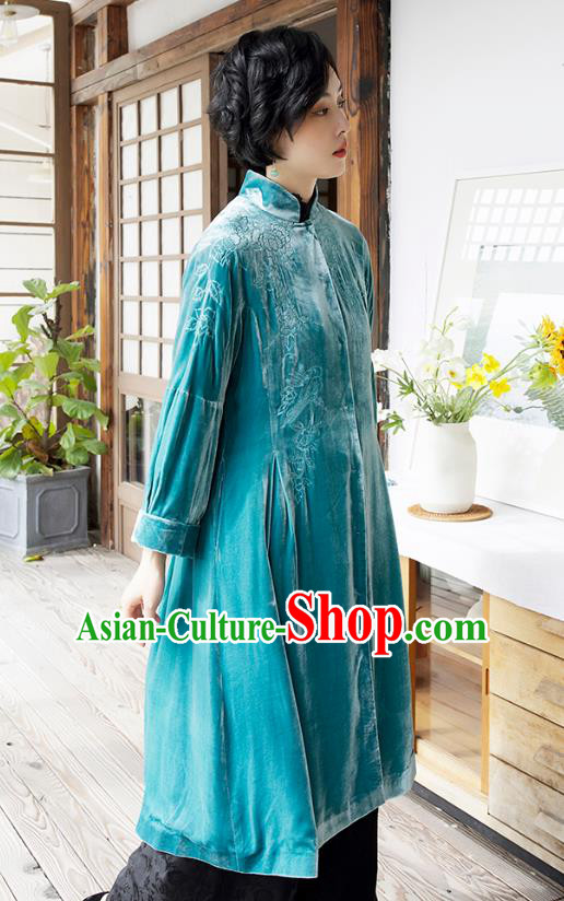 Chinese Traditional Clothing Women Blue Velvet Coat Outer Garment Chinese Traditional Clothing Women Blue Velvet Coat Outer Garment