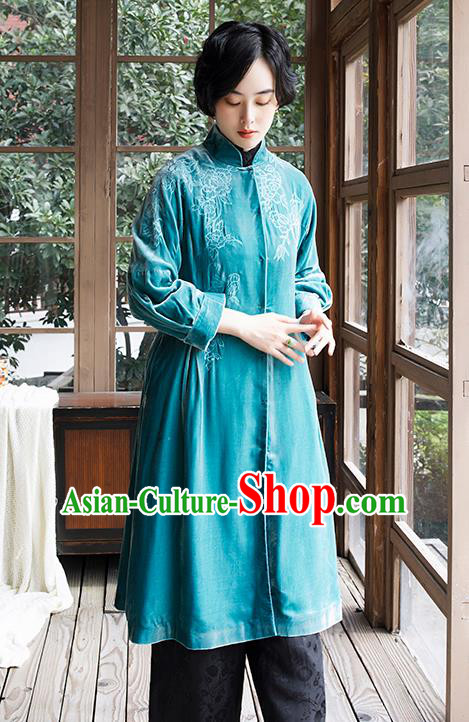Chinese Traditional Clothing Women Blue Velvet Coat Outer Garment Chinese Traditional Clothing Women Blue Velvet Coat Outer Garment