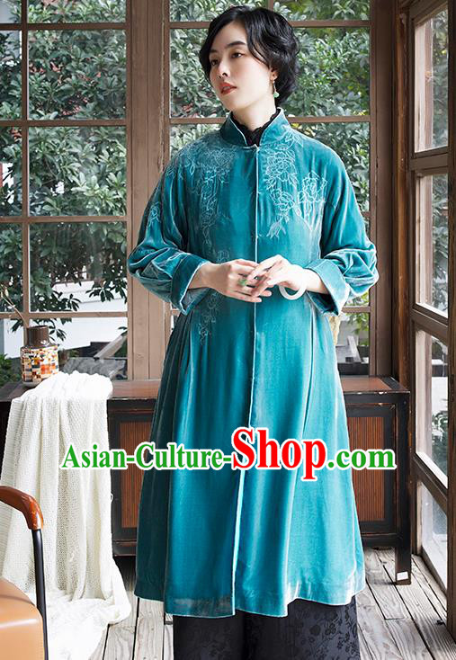 Chinese Traditional Clothing Women Blue Velvet Coat Outer Garment Chinese Traditional Clothing Women Blue Velvet Coat Outer Garment