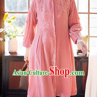 Chinese Women Embroidered Pink Velvet Coat Outer Garment Traditional Clothing
