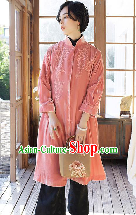 Chinese Women Embroidered Pink Velvet Coat Outer Garment Traditional Clothing Chinese Women Embroidered Pink Velvet Coat Outer Garment Traditional Clothing