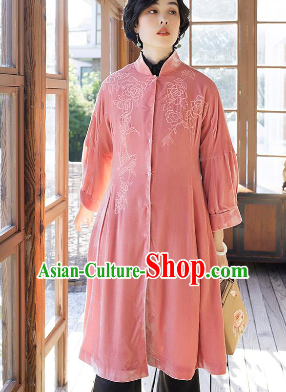 Chinese Women Embroidered Pink Velvet Coat Outer Garment Traditional Clothing Chinese Women Embroidered Pink Velvet Coat Outer Garment Traditional Clothing