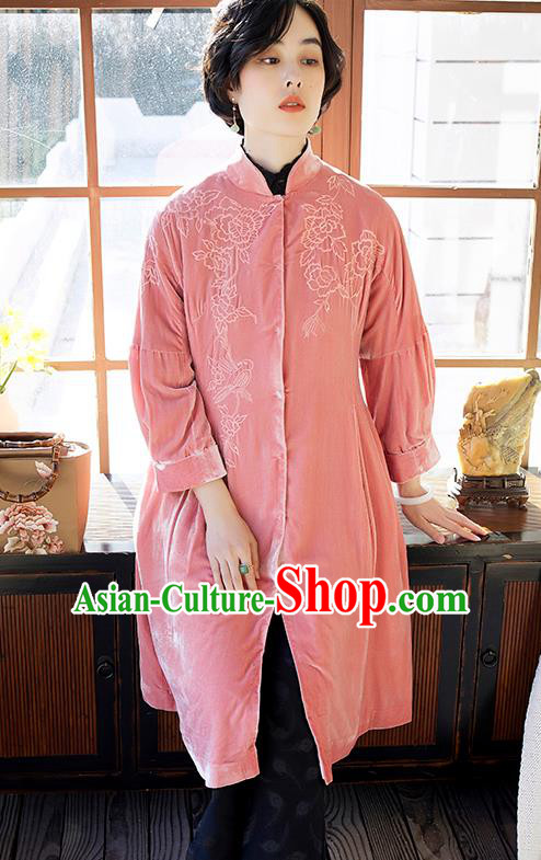 Chinese Women Embroidered Pink Velvet Coat Outer Garment Traditional Clothing Chinese Women Embroidered Pink Velvet Coat Outer Garment Traditional Clothing