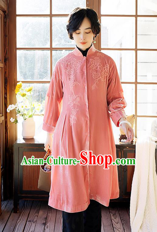 Chinese Women Embroidered Pink Velvet Coat Outer Garment Traditional Clothing Chinese Women Embroidered Pink Velvet Coat Outer Garment Traditional Clothing