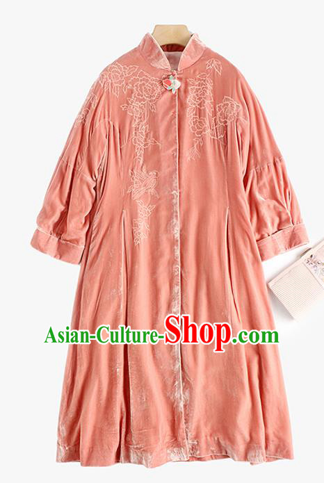 Chinese Women Embroidered Pink Velvet Coat Outer Garment Traditional Clothing Chinese Women Embroidered Pink Velvet Coat Outer Garment Traditional Clothing
