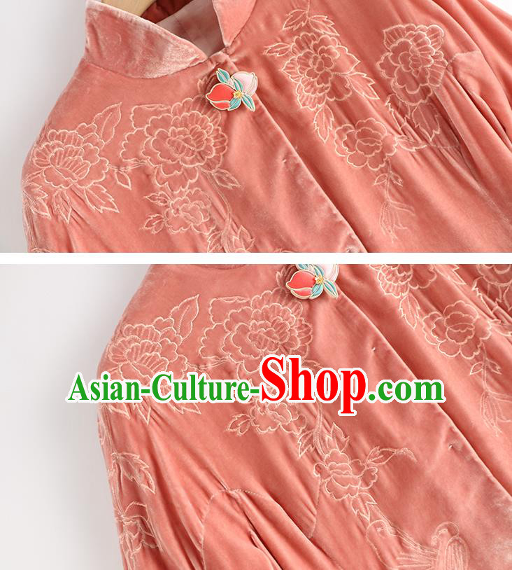 Chinese Women Embroidered Pink Velvet Coat Outer Garment Traditional Clothing Chinese Women Embroidered Pink Velvet Coat Outer Garment Traditional Clothing