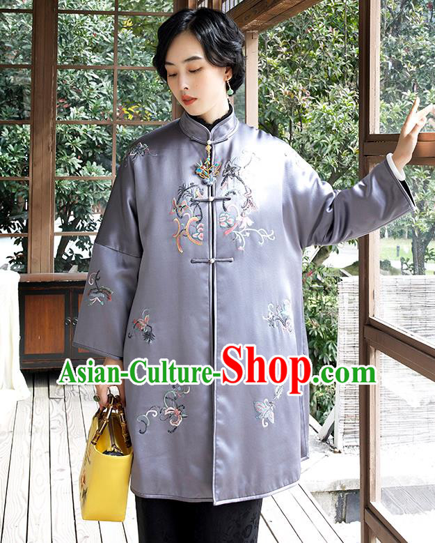 Chinese Women Embroidered Lilac Satin Coat Outer Garment Traditional Winter Clothing Chinese Women Embroidered Lilac Satin Coat Outer Garment Traditional Winter Clothing