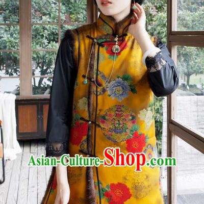 China National Clothing Traditional Cheongsam Winter Vest Yellow Watered Gauze Cotton Wadded Waistcoat for Women