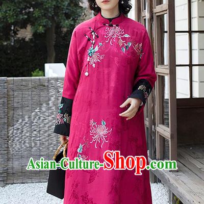 Traditional Embroidered Cheongsam Republic of China Young Mistress Deep Rosy Satin Qipao Dress National Clothing for Women