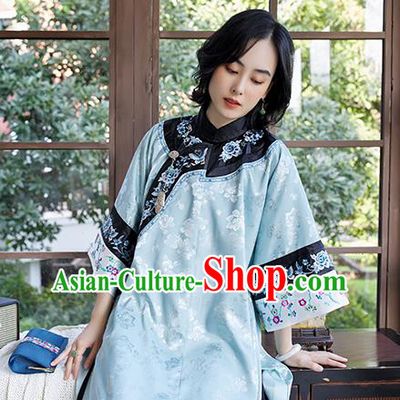 Traditional Qing Dynasty Embroidered Cheongsam Republic of China National Clothing Light Blue Silk Qipao Dress for Women