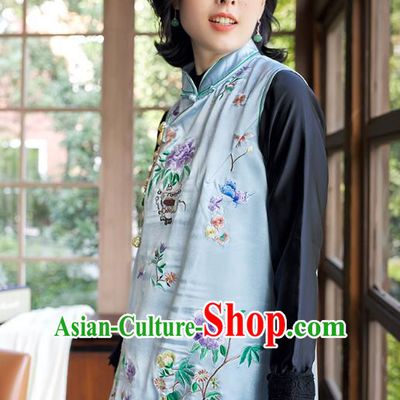 Traditional Embroidered Cheongsam Vest China National Clothing Light Blue Satin Waistcoat for Women