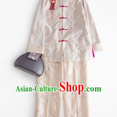 Chinese Embroidered Coat Embroidery Peony Beige Silk Jacket Traditional National Clothing Women Outer Garment