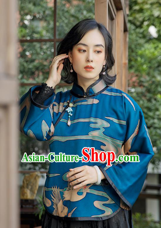 Chinese Deep Blue Cotton Padded Coat National Clothing Traditional Outer Garment Women Silk Jacket