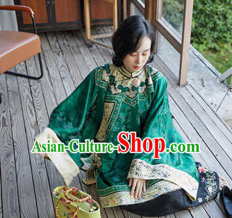 Chinese Qing Dynasty Green Silk Blouse National Clothing Traditional Ancient Court Women Outer Garment Chinese Qing Dynasty Green Silk Blouse National Clothing Traditional Ancient Court Women Outer Garment