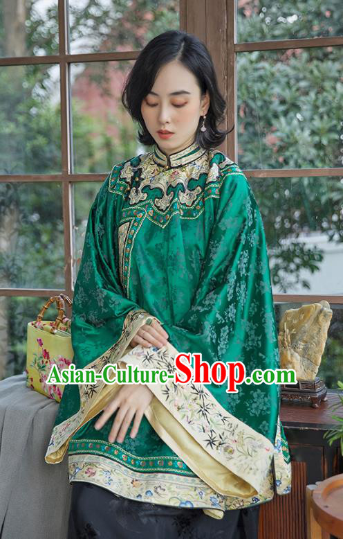 Chinese Qing Dynasty Green Silk Blouse National Clothing Traditional Ancient Court Women Outer Garment Chinese Qing Dynasty Green Silk Blouse National Clothing Traditional Ancient Court Women Outer Garment