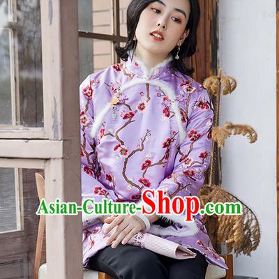 Chinese Traditional Costume Embroidered Plum Blossom Lilac Cotton Padded Jacket National Clothing Women Silk Outer Garment