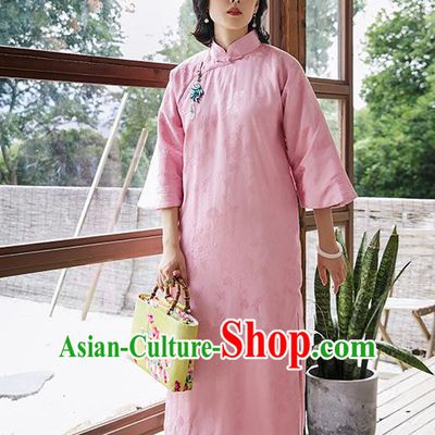 China Traditional Women Pink Cheongsam National Clothing Classical Winter Cotton Padded Qipao Dress