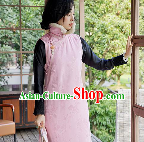 China Classical Cotton Padded Long Qipao Dress Traditional Women Pink Satin Cheongsam National Clothing China Classical Cotton Padded Long Qipao Dress Traditional Women Pink Satin Cheongsam National Clothing