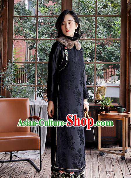 China Classical Cotton Padded Qipao Dress Traditional National Clothing Women Black Satin Long Cheongsam China Classical Cotton Padded Qipao Dress Traditional National Clothing Women Black Satin Long Cheongsam