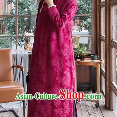 China Rosy Quilted Qipao Dress Traditional National Clothing Women Winter Classical Long Cheongsam