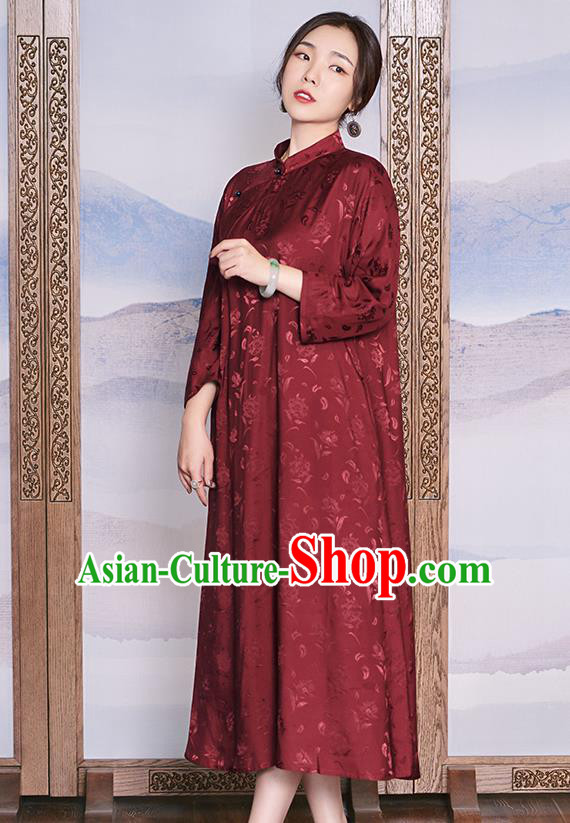 Women Classical Cheongsam Republic of China Wine Red Qipao Dress Traditional National Clothing Women Classical Cheongsam Republic of China Wine Red Qipao Dress Traditional National Clothing