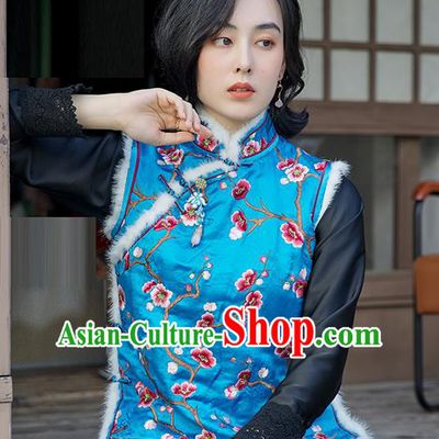 China Traditional Embroidered Plum Blue Vest Women Qipao Upper Outer Garment National Clothing Classical Cheongsam Silk Waistcoat
