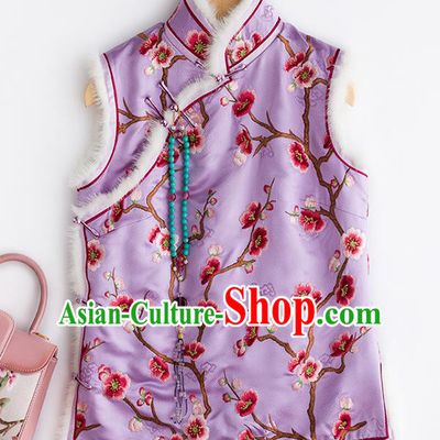 China National Clothing Traditional Women Upper Outer Garment Classical Embroidered Plum Lilac Silk Vest