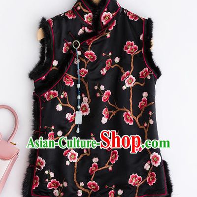 China Classical Embroidered Plum Black Silk Vest National Clothing Traditional Women Upper Outer Garment