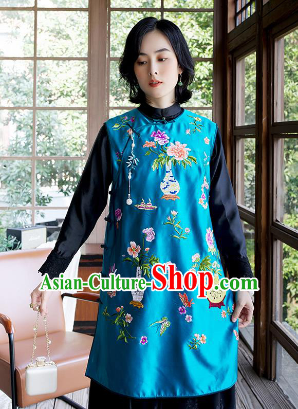 China Embroidered Blue Silk Qipao Vest Women Classical Cheongsam Waistcoat Traditional National Clothing China Embroidered Blue Silk Qipao Vest Women Classical Cheongsam Waistcoat Traditional National Clothing