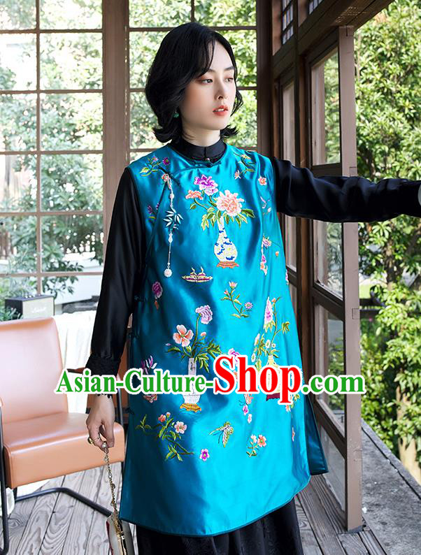 China Embroidered Blue Silk Qipao Vest Women Classical Cheongsam Waistcoat Traditional National Clothing China Embroidered Blue Silk Qipao Vest Women Classical Cheongsam Waistcoat Traditional National Clothing