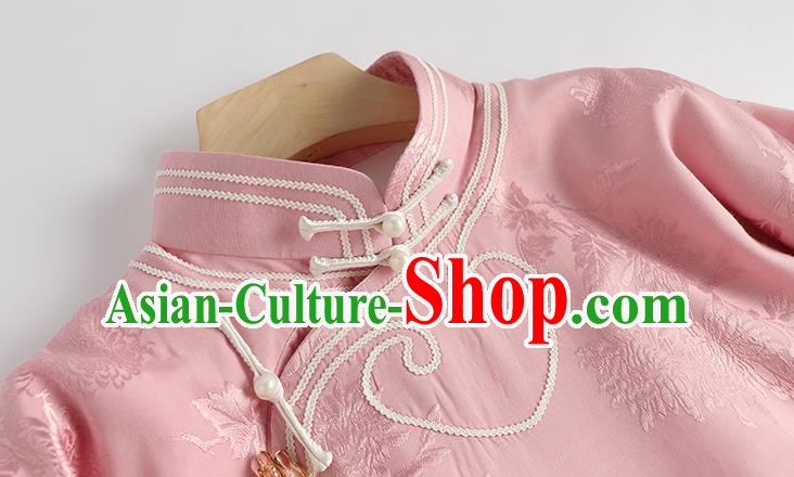 China Women Clothing Wide Sleeve Cheongsam Traditional Embroidered Pink Qipao Classical Chrysanthemum Pattern Dress