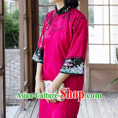 China Embroidered Magenta Silk Qipao Women Classical Long Cheongsam Traditional Dress Clothing