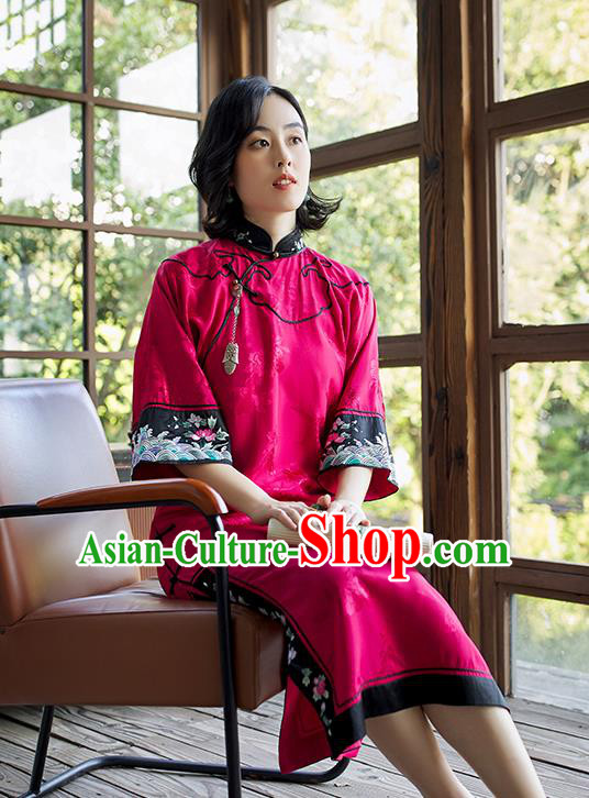 China Embroidered Magenta Silk Qipao Women Classical Long Cheongsam Traditional Dress Clothing China Embroidered Magenta Silk Qipao Women Classical Long Cheongsam Traditional Dress Clothing
