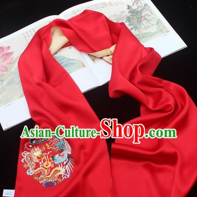 China Handmade Red Silk Scarf Traditional Cheongsam Embroidered Phoenix Tippet