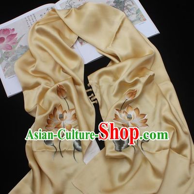 China Traditional Cheongsam Embroidered Lotus Tippet Handmade Yellow Silk Scarf