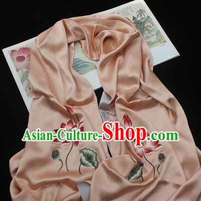 China Embroidered Lotus Tippet Traditional Cheongsam Accessories Handmade Orange Silk Scarf
