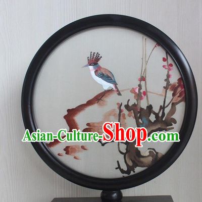 China Traditional Embroidery Plum Bird Craft Rosewood Table Decoration Handmade Round Desk Screen
