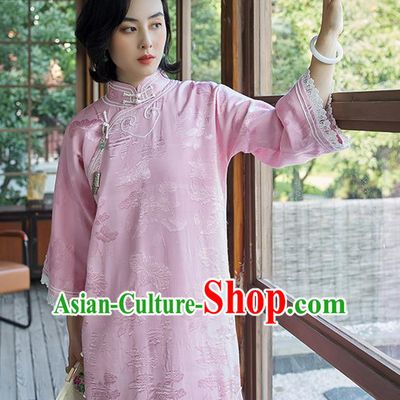 China Wide Sleeve Cheongsam Traditional Embroidered Pink Qipao Women Classical Dress Clothing