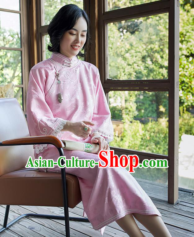 China Wide Sleeve Cheongsam Traditional Embroidered Pink Qipao Women Classical Dress Clothing China Wide Sleeve Cheongsam Traditional Embroidered Pink Qipao Women Classical Dress Clothing
