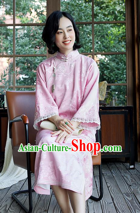 China Wide Sleeve Cheongsam Traditional Embroidered Pink Qipao Women Classical Dress Clothing China Wide Sleeve Cheongsam Traditional Embroidered Pink Qipao Women Classical Dress Clothing